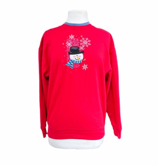 Vintage Red Mockneck Embroidered Snowman Snowflake Sweatshirt | Size Medium - Picture 1 of 6